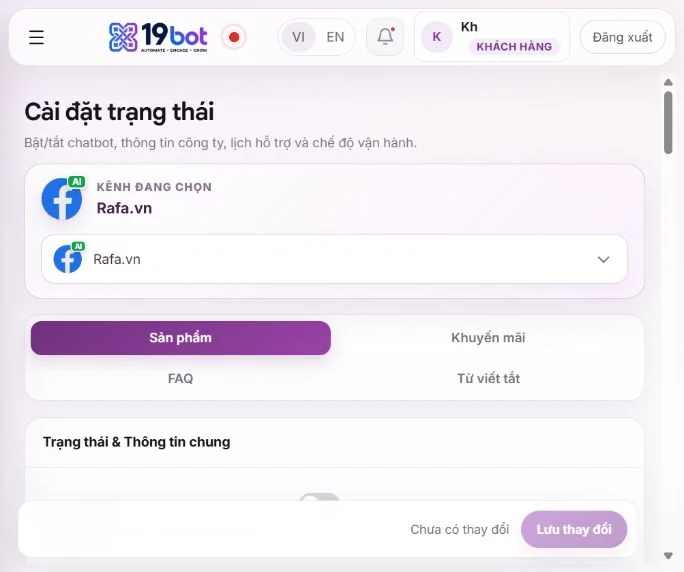 Màn hình Huấn luyện AI của 19bot