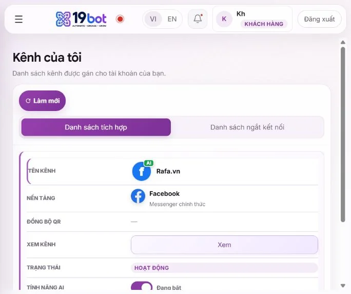 Màn hình Kênh của tôi trên 19bot