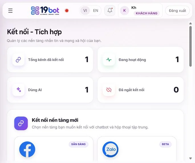 Màn hình Kết nối - Tích hợp của 19bot