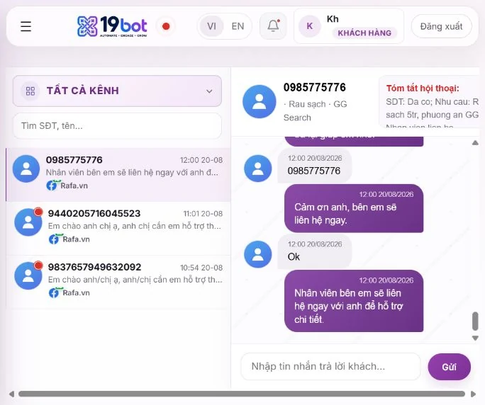 Màn hình Hội thoại tập trung của 19bot